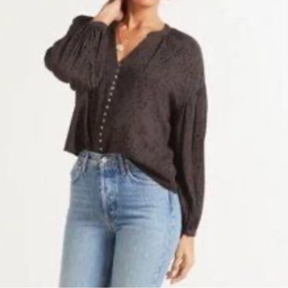 Z SUPPLY Mazzy Stamped Animal Print Black Peasant Blouse